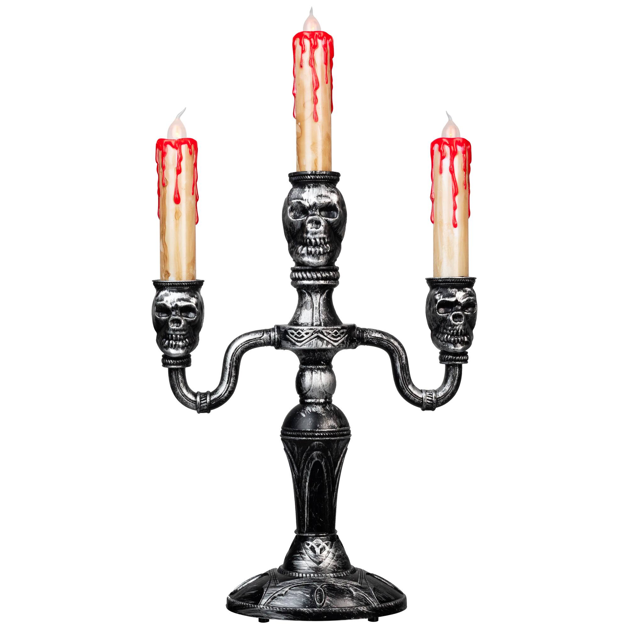 14" Antique Silver Skull Trio Halloween Candelabra Décor